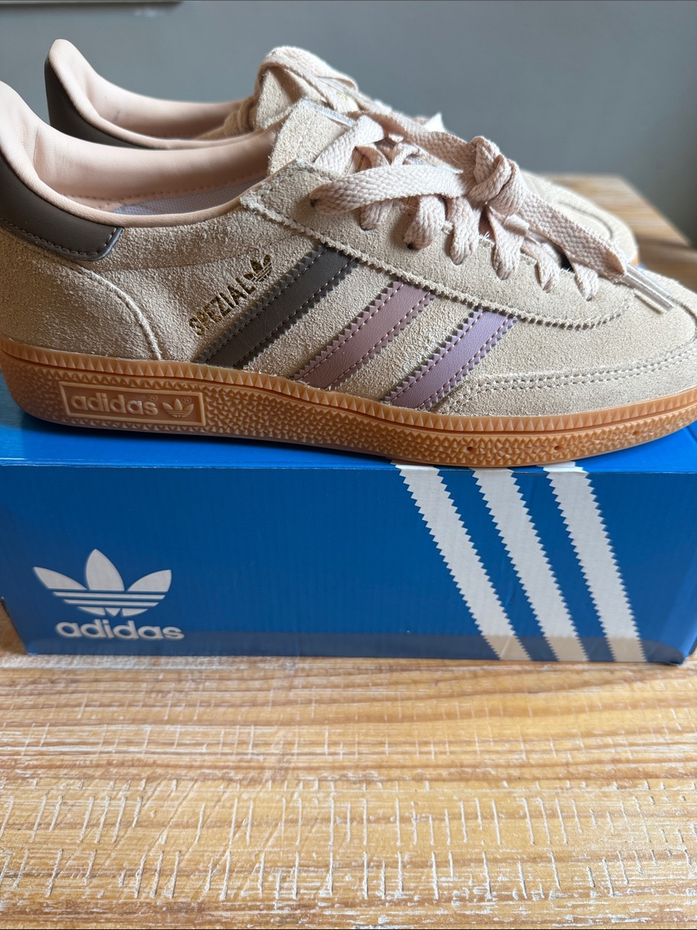 adidas Handball Spezial Suede Sneaker in Beige with Pink & Gray Stripes